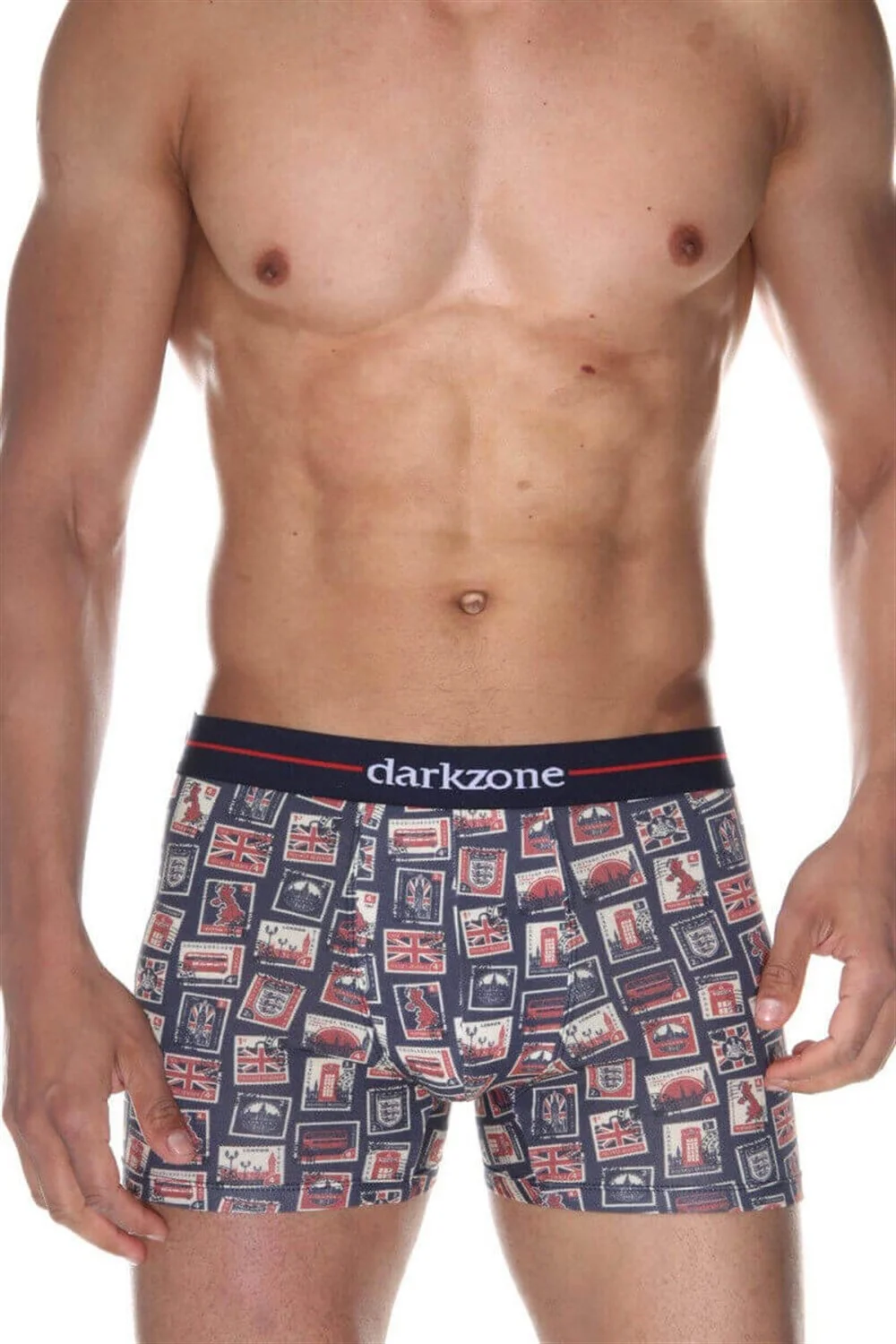 Darkzone Vintage Baskılı Erkek Boxer, İngiliz posta damlası deseni, dijital baskı, koyu mavi ve kırmızı detaylı, erkek iç giyim