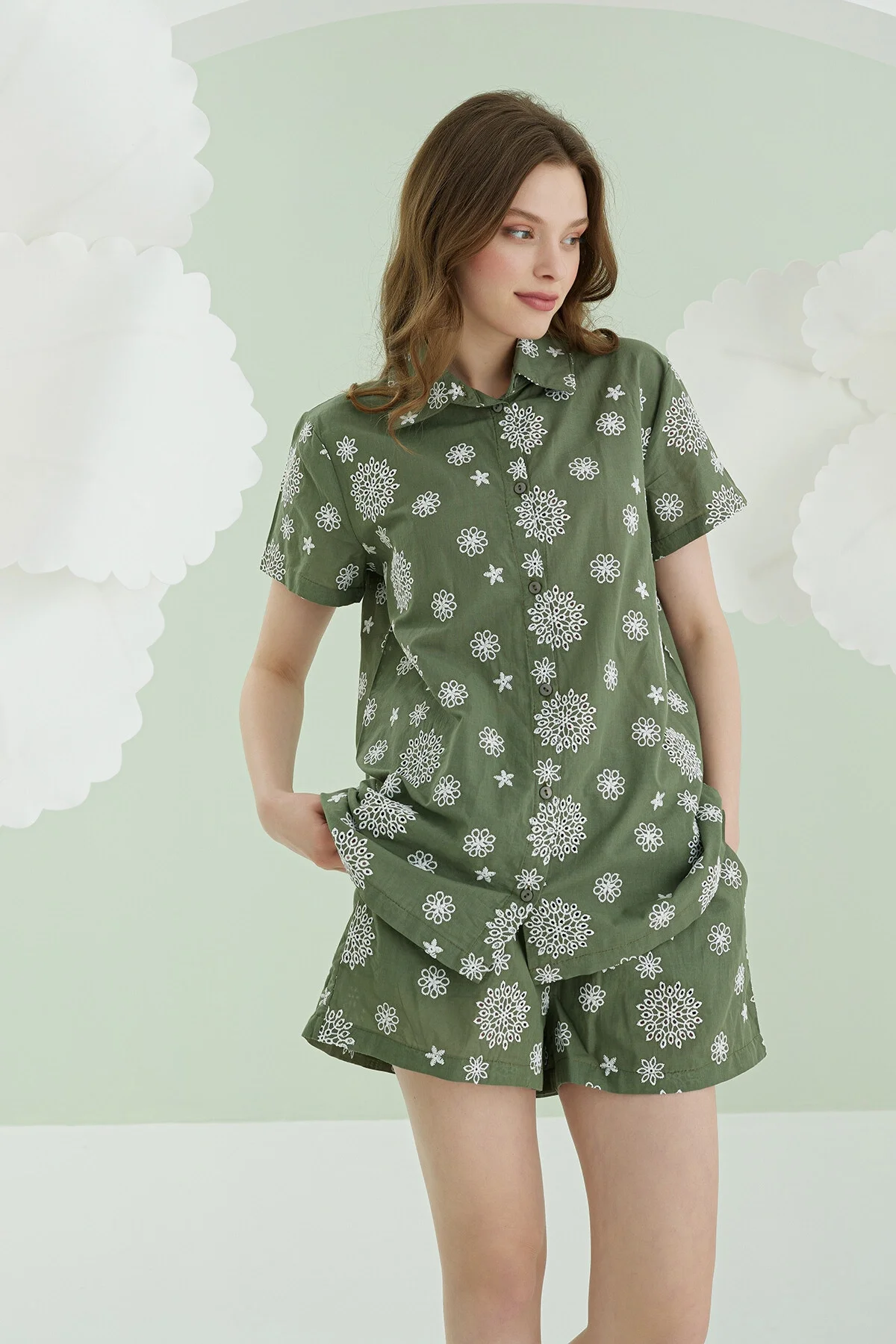 Nbb Yeşil Çiçek Desenli Şortlu Önden Düğmeli Pijama Takımı Şort Takım Toptan