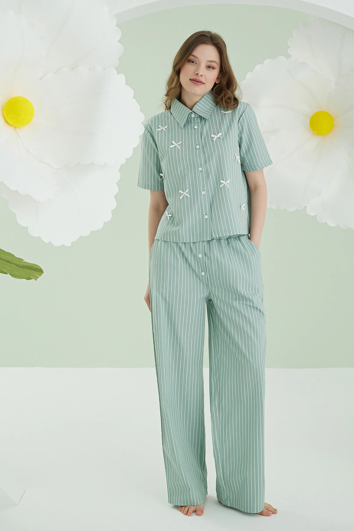 Nbb Yeşil Kurdele Önden Düğmeli Pijama Takım Pijama Takımları Toptan