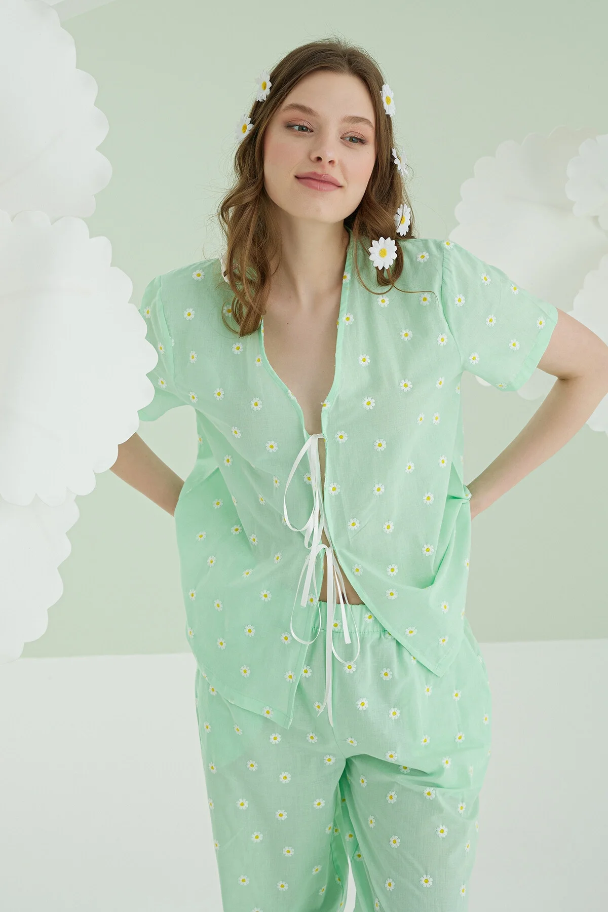 Yeşil patlıca desenli önden bağlamalı pijama takım, Nbb marka kadın pijama, rahat günlük giyim
