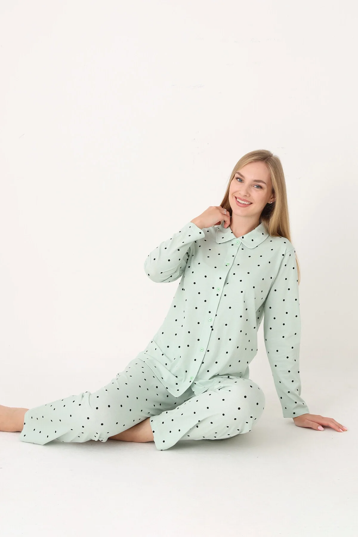 Nbb Yeşil Polka Dot Önden Düğmeli Pijama Takım Pijama Takımları Toptan