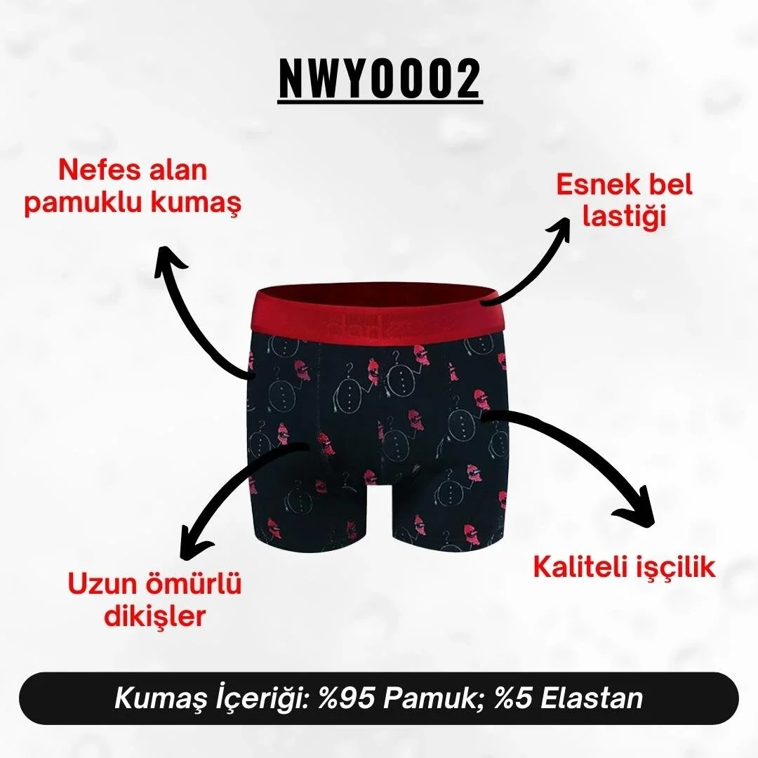 Kırmızı kenarlı siyah yılbaşı desenli boxer, Darkzone marka erkek iç giyim, karikatür motifli ve modern tasarım